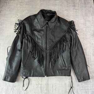 Leather King Jacket Mens 2XL Black Fringe Biker Western Thinsulate Moto Tassels